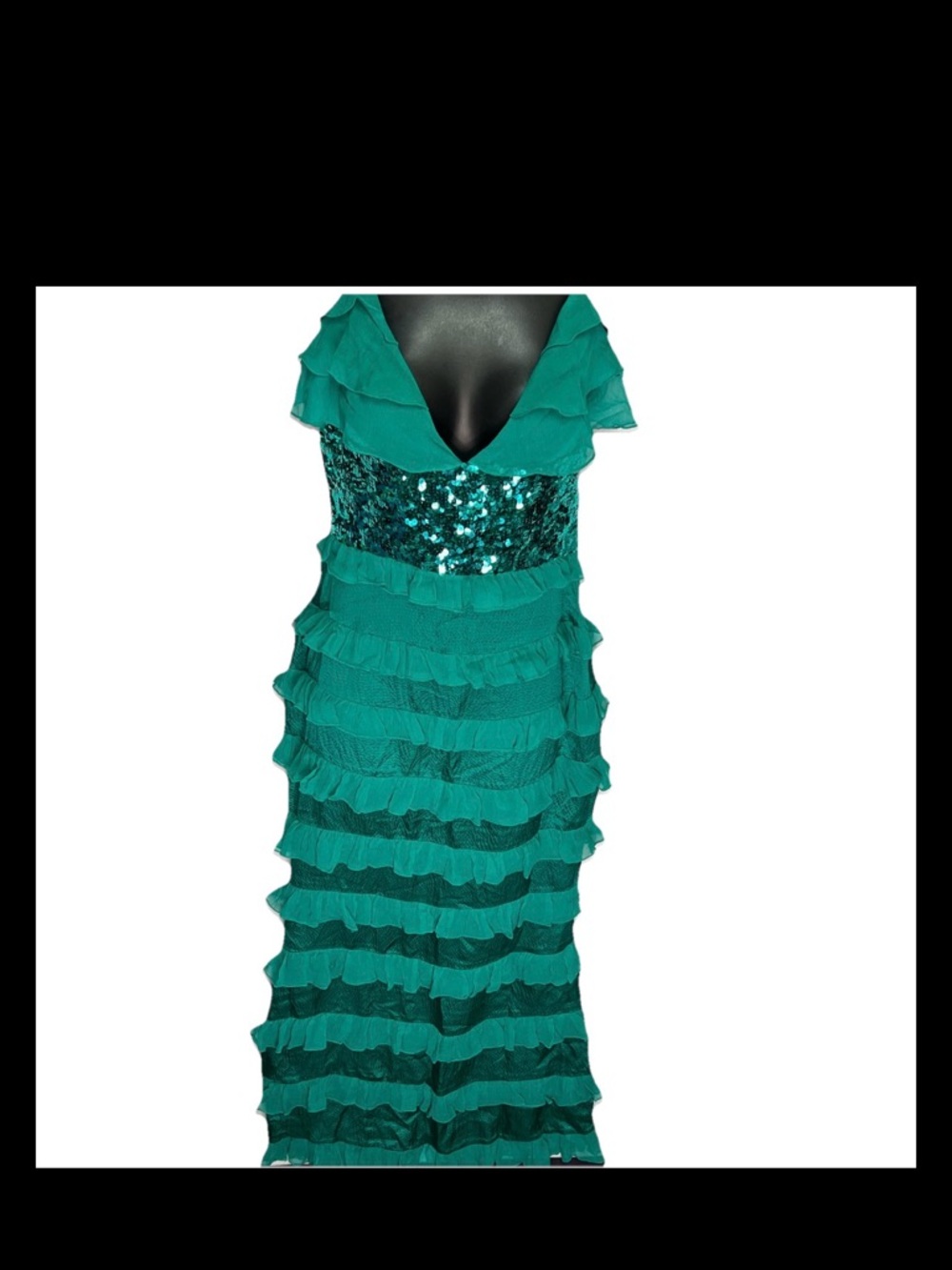 NWT Bebe Emerald Silk Sequin Ruffle Maxi Dress Small Fairycore Tiered Waterfall